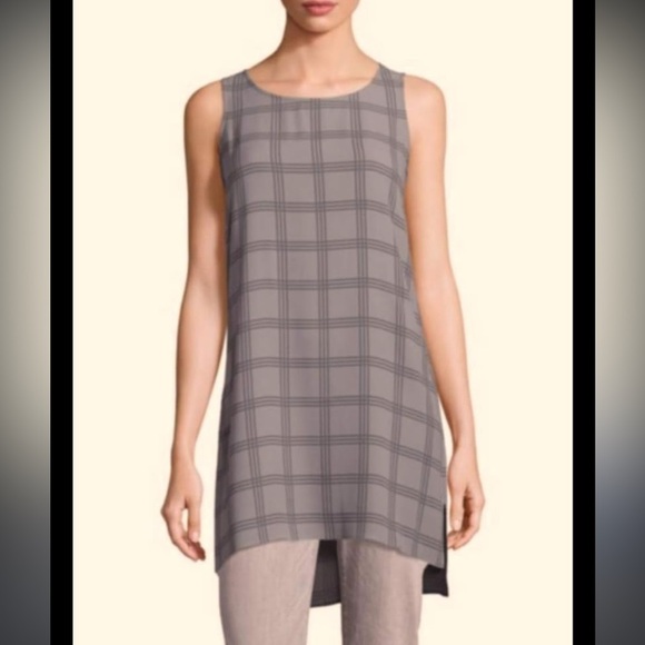 Eileen Fisher Georgette gray plaid 100% silk crepe tunic sleeveless top - Picture 1 of 8
